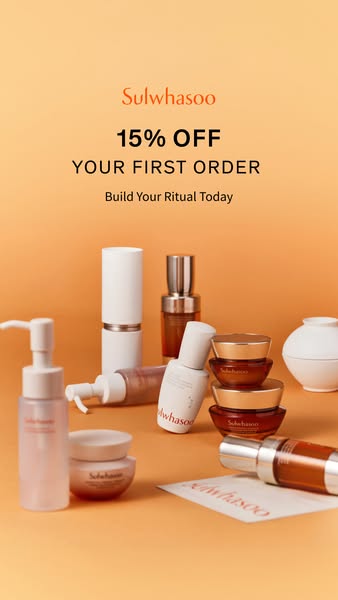 This ad promotes Sulwhasoo skincare products, offering 15% off the first order and encouraging viewers to build their ri