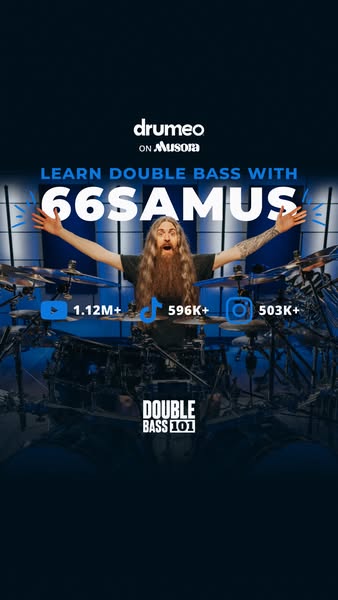 This image ad showcases Drumeo, an online music learning platform, highlighting its double bass course with 66Samus. The