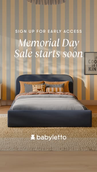 This image ad for Babyletto promotes a Memorial Day sale. The ad features a navy blue bed with striped wallpaper and a f