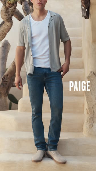 This ad showcases Paige brand men's jeans. The ad includes an image of a man wearing Paige jeans on stone stairs. Th