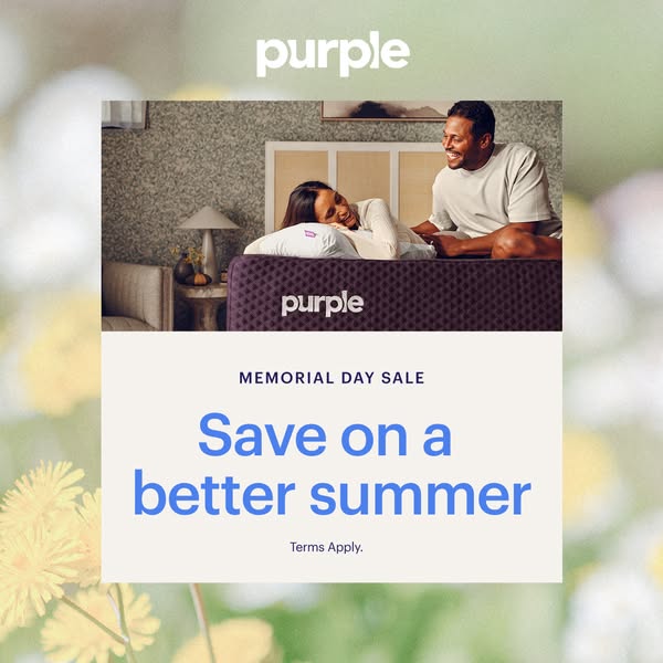 This image ad for Purple highlights their mattresses with a shot of a couple relaxing in bed. The ad promotes a Memorial