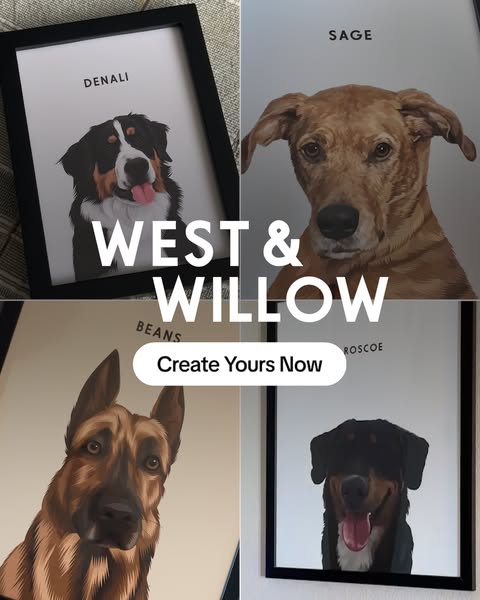 This ad for West & Willow uses a grid format to showcase four examples of the framed pet portrait product they sell.