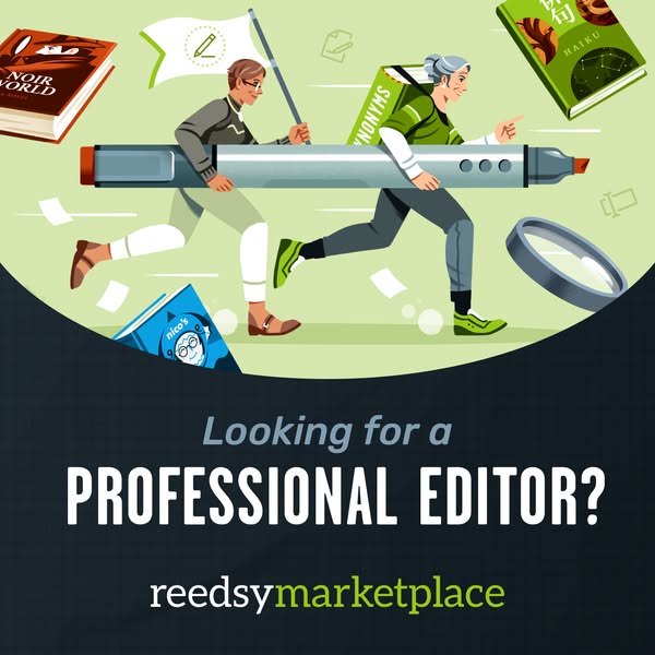 This ad is for Reedsy Marketplace and depicts two people racing with books on their backs towards an end goal of finding