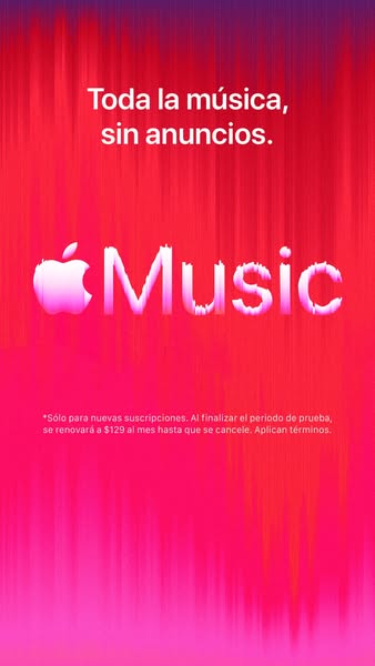This ad for Apple Music promotes ad-free listening. The ad features the Apple Music logo and text in Spanish.