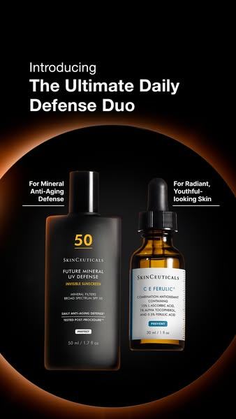 This ad introduces the Ultimate Daily Defense Duo from SkinCeuticals, highlighting a mineral sunscreen for anti-aging de