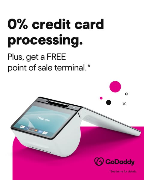 The ad promotes GoDaddy's point of sale terminal with 0% credit card processing and a free terminal.