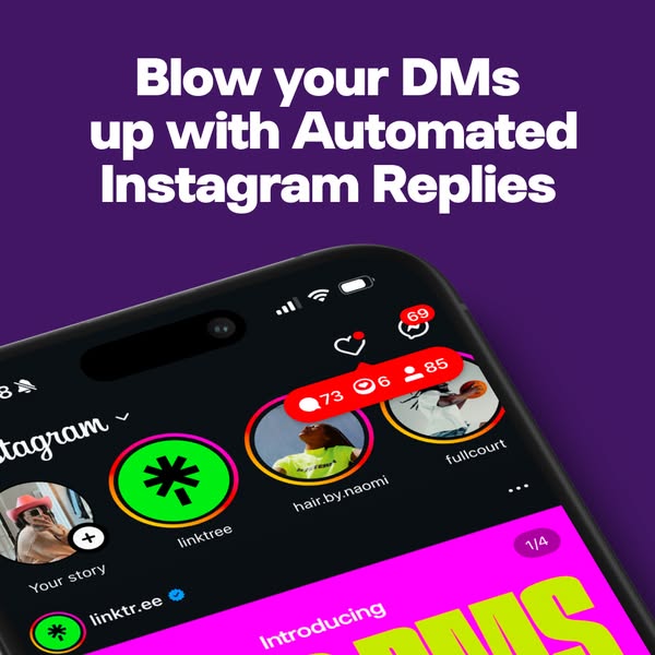 This ad promotes Linktree's automated Instagram replies feature. The ad shows a mockup of the Instagram app interfac