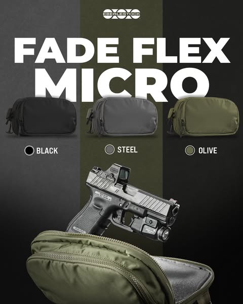 This image ad showcases the Fade Flex Micro bag from Eberlestock in three different colors and includes a firearm placed