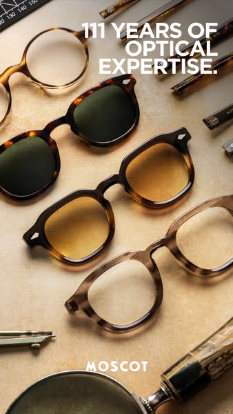A product ad showcases a range of eyeglasses from Moscot. It highlights the brand's 111 years of optical expertise, 