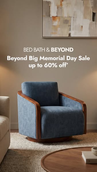 This image ad promotes the Bed Bath & Beyond Memorial Day Sale, featuring a blue swivel chair against a neutral back