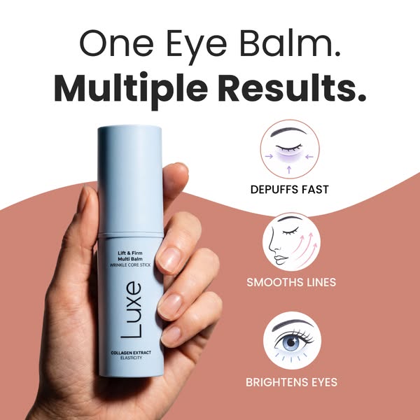 This ad promotes Luxe's Lift & Firm Multi Balm Wrinkle Core Stick. The ad uses circles with icons and text to hi