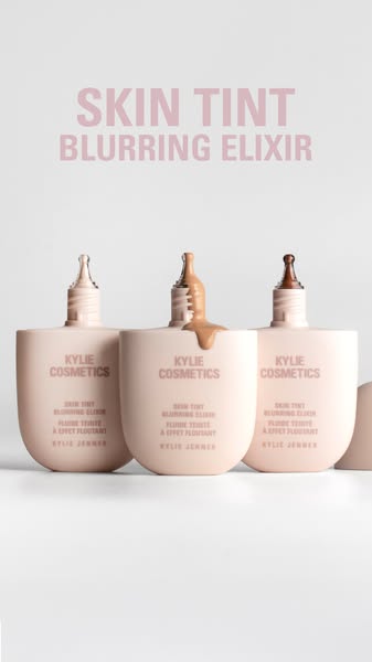 This ad showcases Kylie Cosmetics' Skin Tint Blurring Elixir, highlighting its formula and blurring effect.