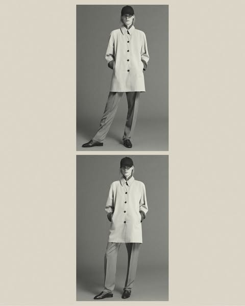 This ad features a model wearing an overcoat. The ad includes two images of the same woman in an identical outfit, one o