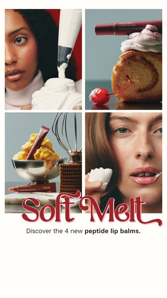 This image ad for CAIA Cosmetics showcases their Soft Melt peptide lip balms in a grid layout with close-up shots of mod