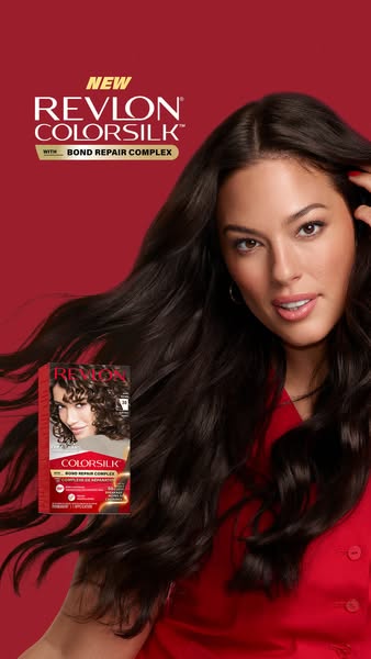 This Revlon ColorSilk image ad features Ashley Graham, a plus-size model, set against a red background. A box of Revlon 