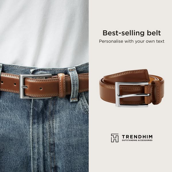 An image ad for a brown leather belt, showing the product in use and as a standalone item, with copy promoting personali