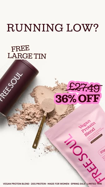 This ad is for Free Soul vegan protein blend and promotes a limited-time offer of 36% off and a free large tin.