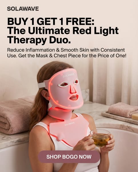 This image ad from Solawave promotes the brand's red light therapy mask and chest piece as the "ultimate duo&qu