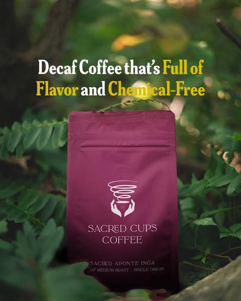 This image ad showcases Sacred Cups Coffee decaf coffee, emphasizing its full flavor and chemical-free nature. The ad is
