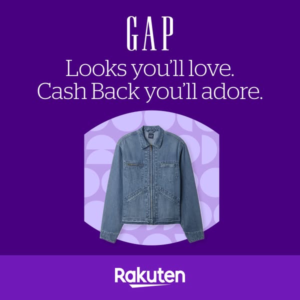 This ad promotes GAP apparel in partnership with Rakuten, showcasing a denim jacket and highlighting the benefit of earn