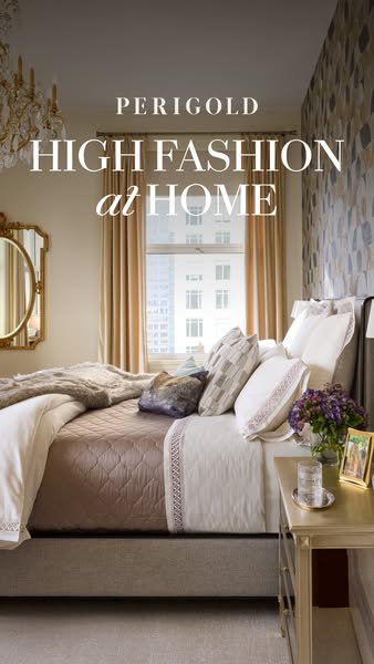 This image ad features a bedroom and advertises Perigold's high-fashion home products.