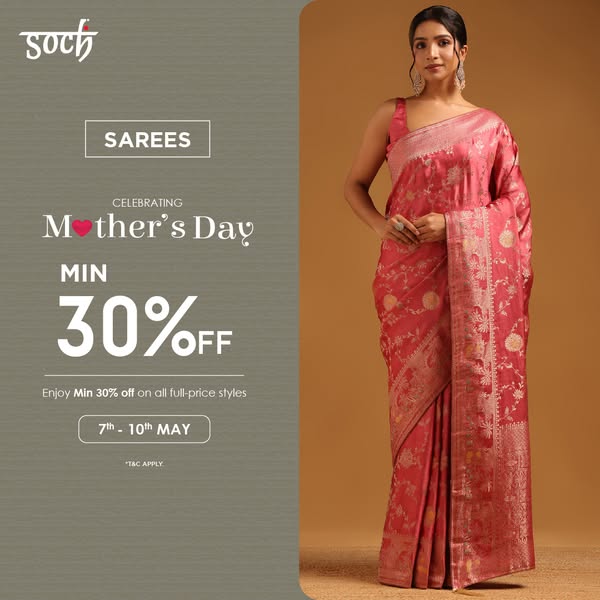 This Meta image ad promotes Soch's sarees for Mother's Day with a minimum 30% off sale.