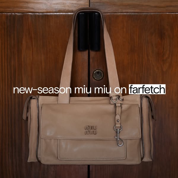 This image ad showcases a beige-colored Miu Miu handbag available for purchase on Farfetch.