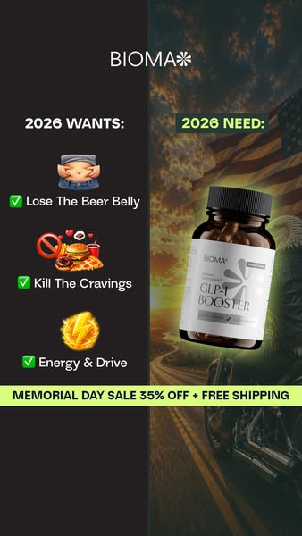 The Bioma ad contrasts what people want versus what they need in 2026. It features the Bioma GLP-1 Booster supplement wi