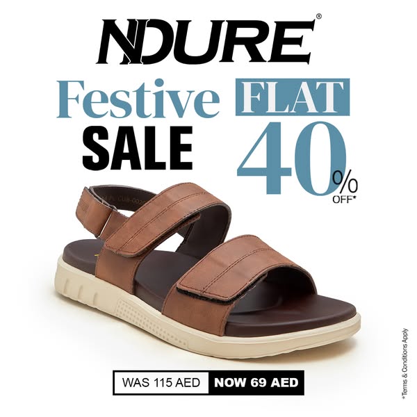 This image ad promotes NDURE sandals with a festive sale offering a 40% discount. It showcases the sandal on a white bac