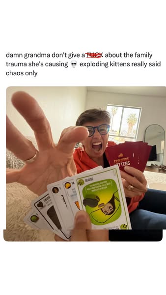 An image ad featuring a white woman, identified as grandma in the caption, playing the game Exploding Kittens and reachi