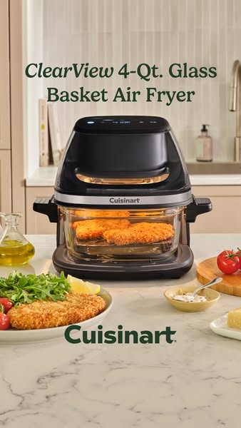 This ad showcases the Cuisinart ClearView 4-Qt. Glass Basket Air Fryer. It features a shot of the product with food both
