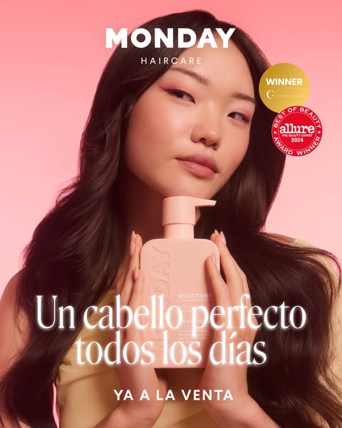 This ad for Monday Haircare features a woman holding the brand's Moisture shampoo with the headline: "Un cabell