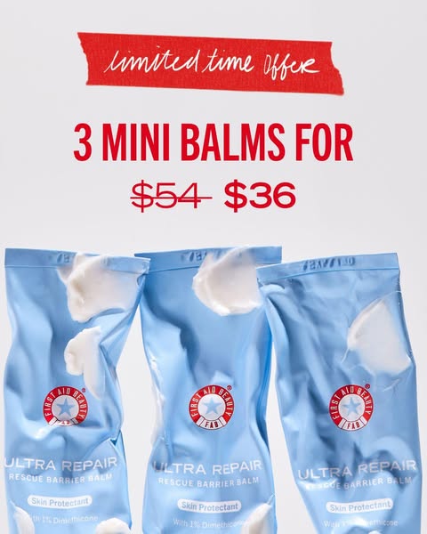 This image ad promotes First Aid Beauty's Ultra Repair Rescue Barrier Balm by offering three mini balms for a discou