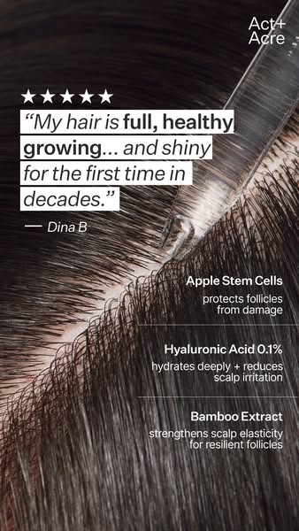 This ad uses a testimonial to highlight the benefits of Act+Acre's hair products. It showcases the product's ing
