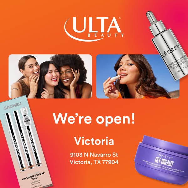This image ad promotes the grand opening of an Ulta Beauty location, with a focus on beauty products available there. Th