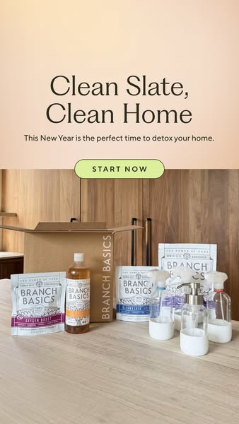The ad promotes Branch Basics cleaning products, emphasizing a 'Clean Slate, Clean Home' for the New Year. The a