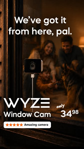 This ad showcases the Wyze Window Cam, addressing the common pain point of limited visibility by introducing a solution 