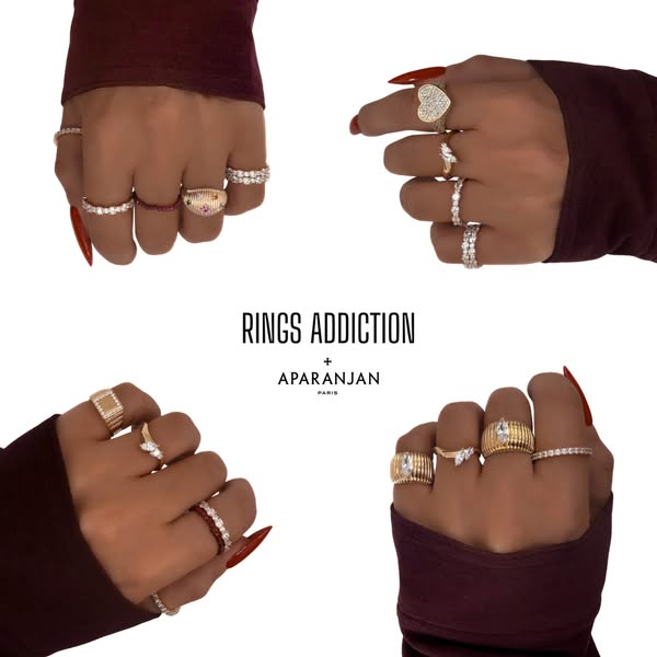 This image ad for Rings Addiction features a montage of four different close-up shots of a hand wearing multiple rings, 
