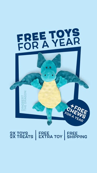 The ad promotes a subscription service for dog toys and treats. The ad offers free toys and chews for a year.