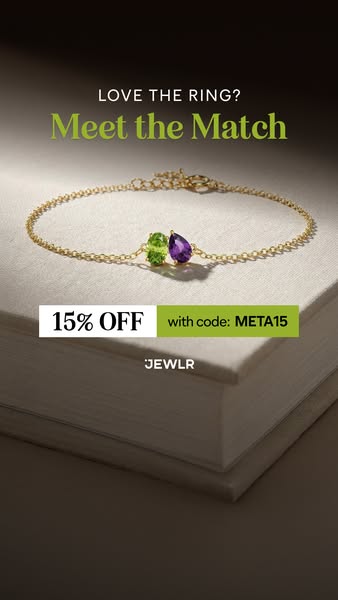 Image ad for JEWLR promoting a gold bracelet with green and purple gemstones, positioned as the perfect match for a ring