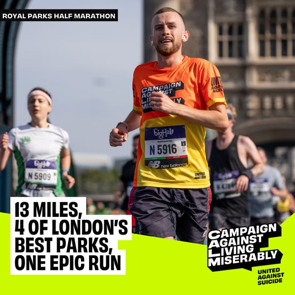 This ad promotes the Royal Parks Half Marathon, emphasizing its unique combination of a challenging 13-mile run through 