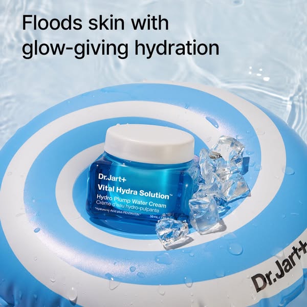 This ad features Dr.Jart+'s Vital Hydra Solution Hydro Plump Water Cream. The image highlights the product in a pool