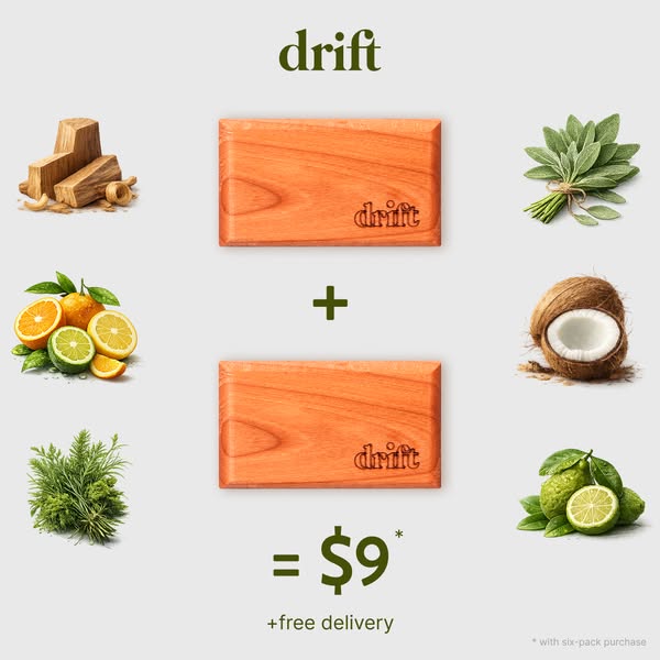 The ad showcases two Drift air freshener scent refills along with an array of natural fragrance notes, emphasizing affor