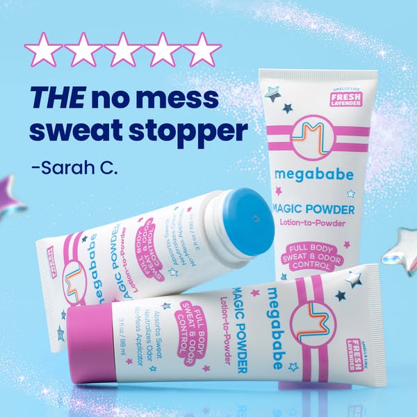 An image ad for Megababe Magic Powder featuring three products, a five-star review, and a testimonial.