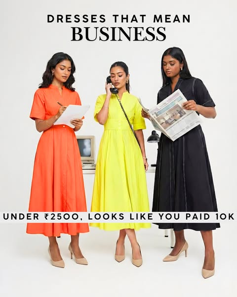 This image ad features three women wearing dresses. The ad is advertising dresses that are professional and also appear 
