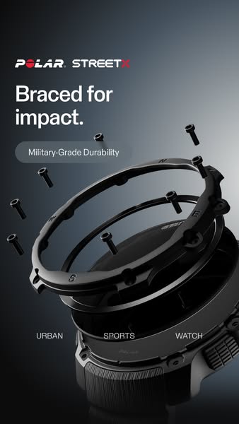 This image ad for Polar Street X watch emphasizes its durability and versatility. The ad showcases the product's fea