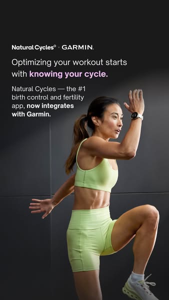 This image ad promotes Natural Cycles, the #1 birth control and fertility app, now with Garmin integration. It features 