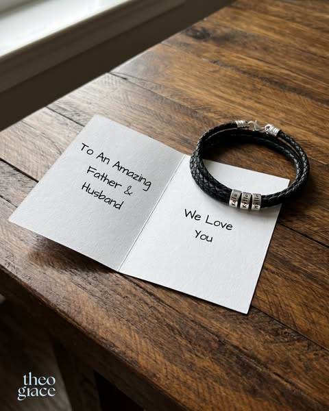 This image ad showcases a personalized bracelet from Theo & Grace, positioned next to a card expressing love for a f