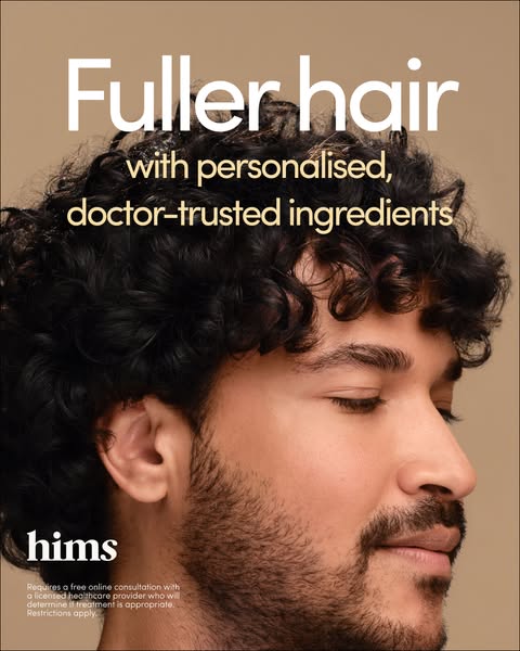 An image ad promoting hims hair products for fuller hair using personalized, doctor-trusted ingredients.