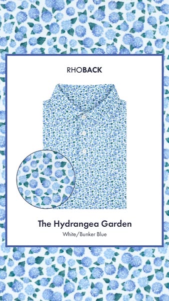 This ad features a Rhoback polo shirt with a Hydrangea Garden design. The image shows a detailed view of the shirt and a